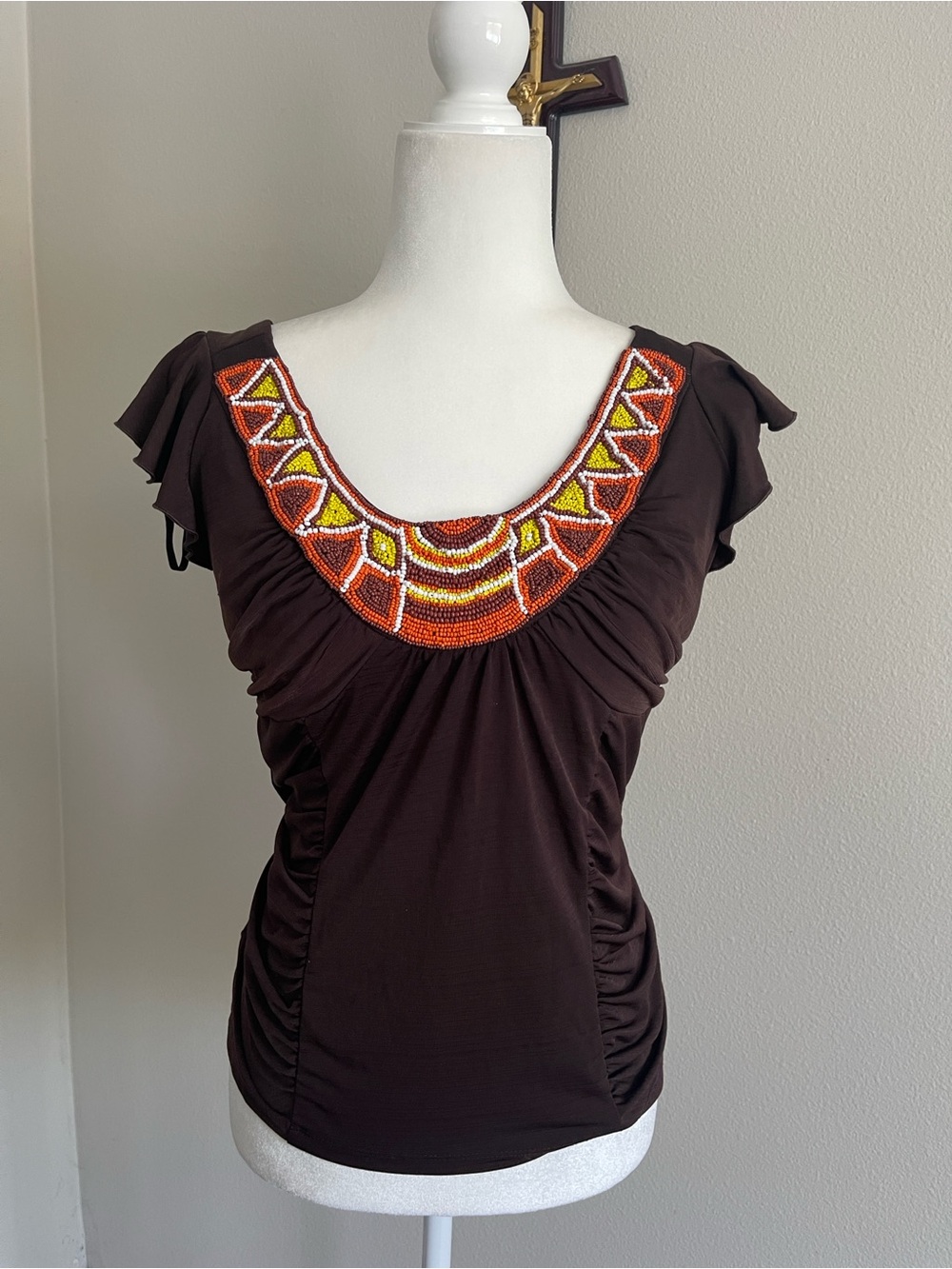 AB Studio Brown Top with Orange and Yellow Beaded Scoop Neck